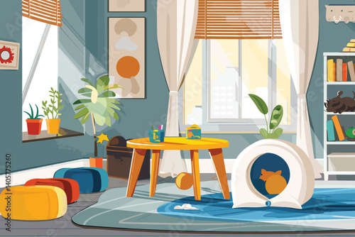 Bedroom interior at daytime flat vector illustration. Huge bed with decorative pillows, blanket in spacious room. Fireplace, stylized brick walls with bookshelves. Bedside tables with interior plants