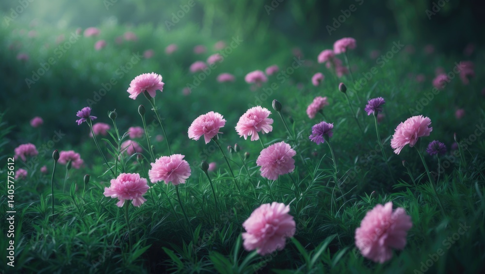 Purple carnation blooms separated in the green grass background Purple carnation blooms separated in the green grass background