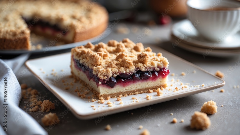 Piece of shortbread pie with a crumbly texture and fruit streusel Piece of shortbread pie with a crumbly texture and fruit streusel