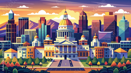 Aerial view of Denver, Colorado skyline and Colorado Capitol at sunset. Denver is a consolidated city and county, the capital, and most populous city of the U.S. state of Colorado