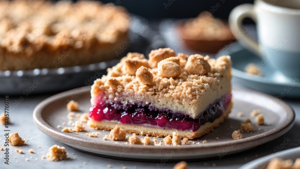 Slice of crumbly shortbread pie topped with fruit and streusel Slice of crumbly shortbread pie topped with fruit and streusel