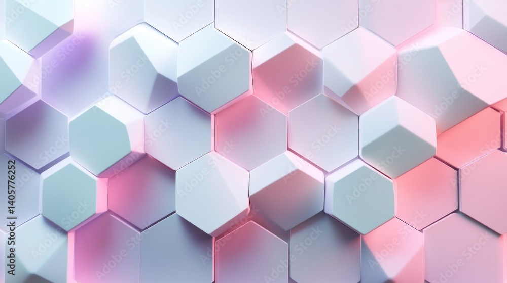 Abstract geometric hexagonal pattern with soft pastel colors. A 3D-rendered design of interlocking, multifaceted hexagons in various shades of light pink, lavender, and white. Abstract geometric hexagonal pattern with soft pastel colors. A 3D-rendered design of interlocking, multifaceted hexagons in various shades of light pink, lavender, and white.