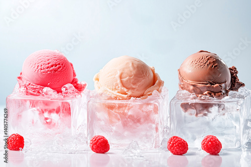 Ice cream balls (strawberry, vanilla and chocolate) are inside ice cubes, gray background, fresh raspberries nearby