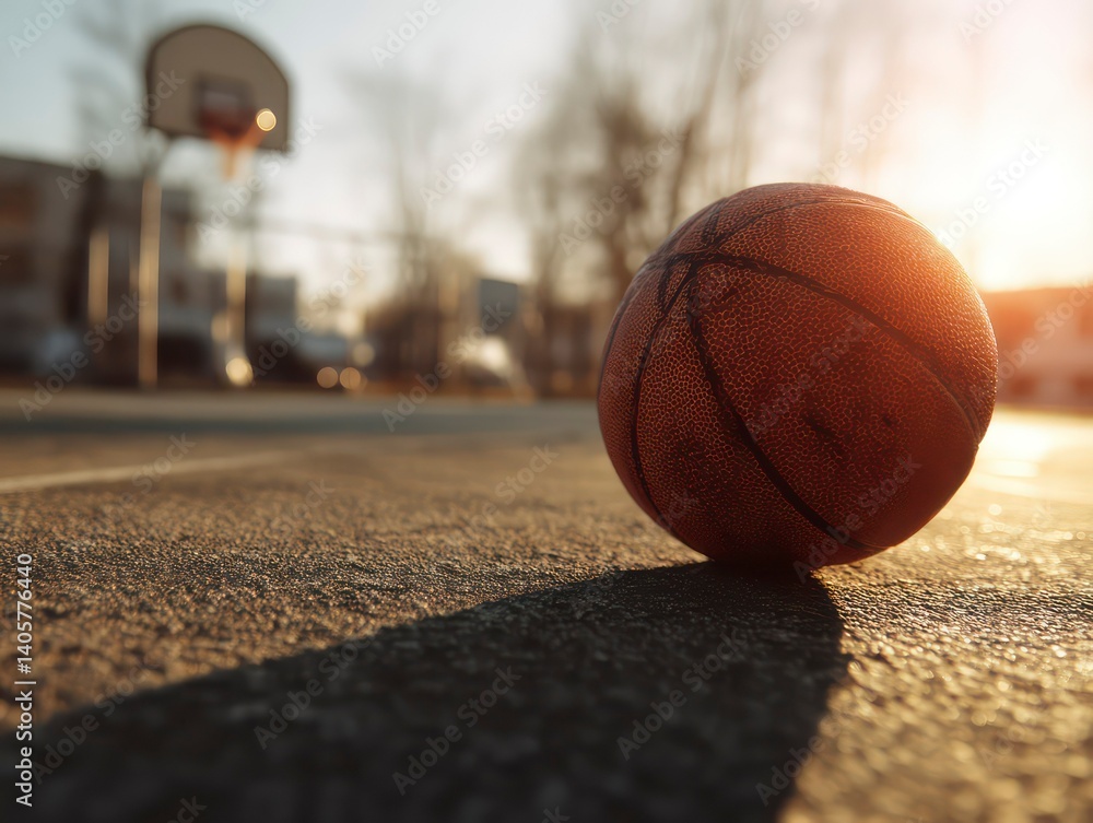Close-Up Basketball on Court at Golden Sunset – Urban Sport Vibes Close-Up Basketball on Court at Golden Sunset – Urban Sport Vibes