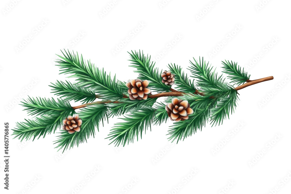Realistic Illustration of a Pine Branch with Green Needles and Brown Pine Cones Realistic Illustration of a Pine Branch with Green Needles and Brown Pine Cones