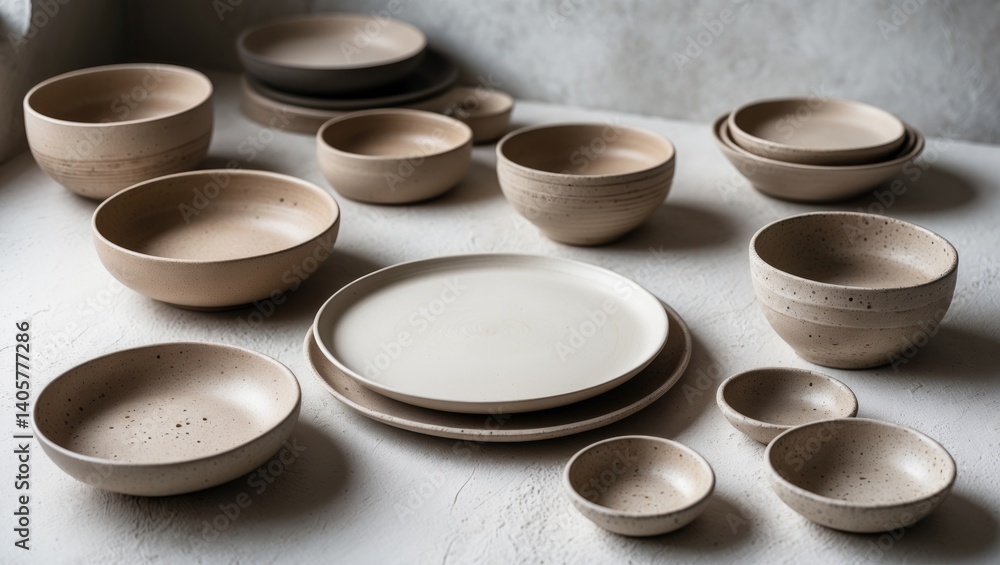 handcrafted ceramics, vacant craft ceramic dishes on a light backdrop handcrafted ceramics, vacant craft ceramic dishes on a light backdrop