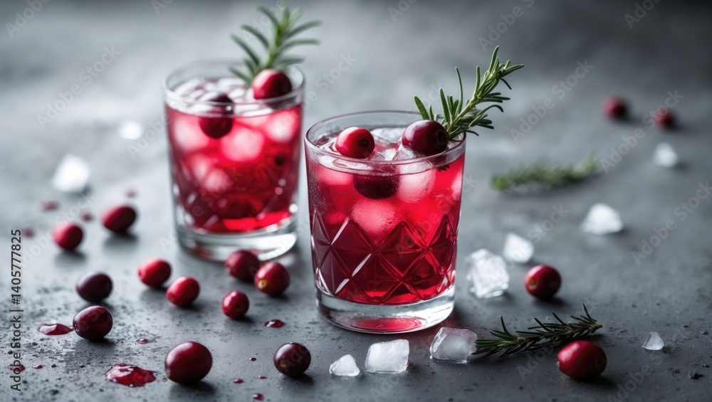 Overhead perspective of two cranberry drinks or cocktails featuring rosemary, fresh cranberries, and crushed ice against a gray concrete backdrop. Copy space available Overhead perspective of two cranberry drinks or cocktails featuring rosemary, fresh cranberries, and crushed ice against a gray concrete backdrop. Copy space available