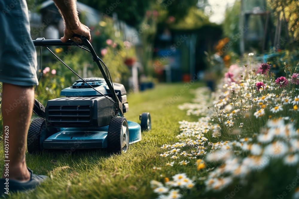 Fototapeta premium Lawn Care Activity in a Vibrant Garden During Summer Afternoon