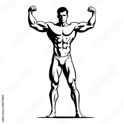 Full body muscular man vector isolated on white background, strong male fitness figure for gym design, workout posters, sports icons, or health-related graphics.