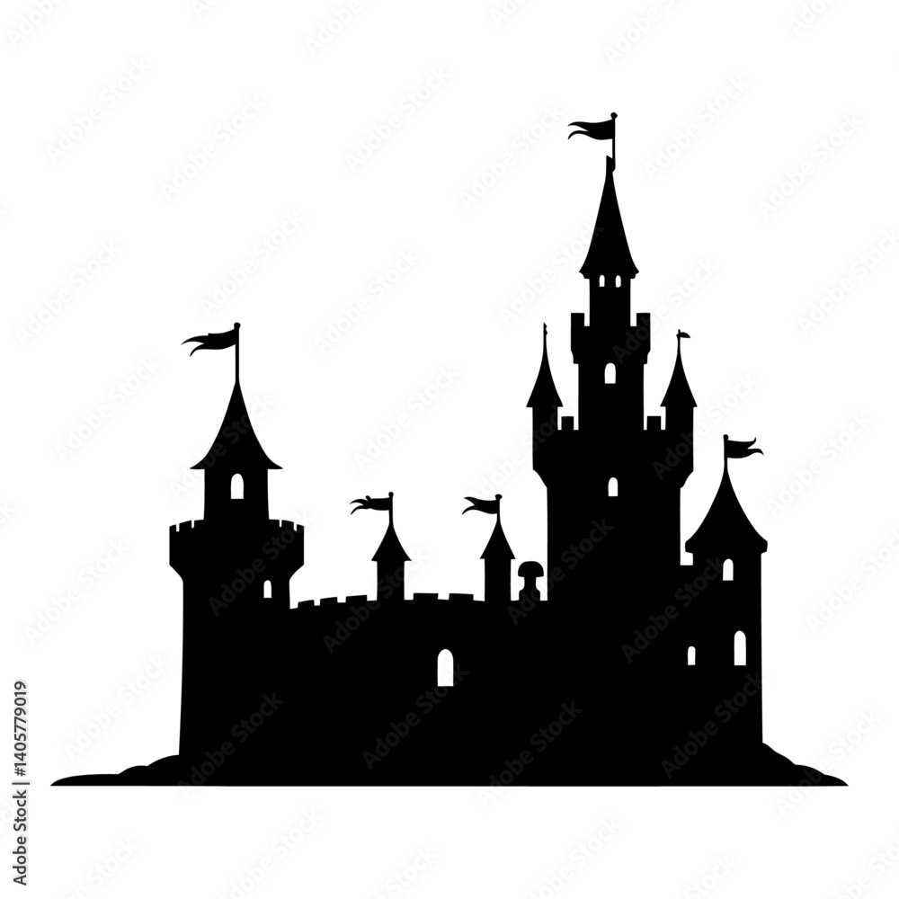 Obraz premium Castle silhouette vector isolated on white background, medieval fortress outline for fairytale design, fantasy art, storybook illustration, or historic-themed graphics.