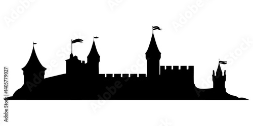 Castle silhouette vector isolated on white background, medieval fortress outline for fairytale design, fantasy art, storybook illustration, or historic-themed graphics.

