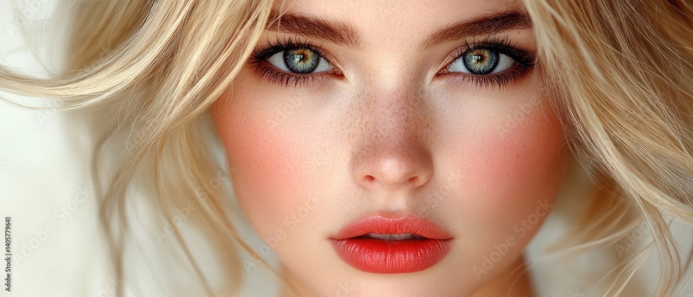 Fototapeta premium Blonde woman with freckles. Blue eyes and pink lips. Hair blowing, fair skin, and rosy cheeks