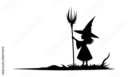 Silhouette of Little Witch Holding Broomstick with Pointed Hat Representing Halloween, Magic, Cute Fantasy Character, Spellcasting, and Enchanted Story Themes in Vector Style