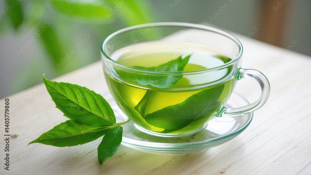 Closeup of refreshing green tea and leaves on a rustic wooden table Closeup of refreshing green tea and leaves on a rustic wooden table