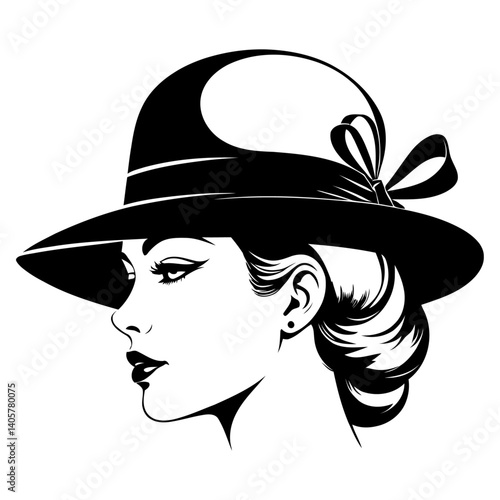 Silhouette of Retro Woman Wearing Elegant Hat with Vintage Hairstyle for Classic Fashion, Timeless Beauty, Old Hollywood Glamour and Feminine Style Concepts in Vector Illustration

