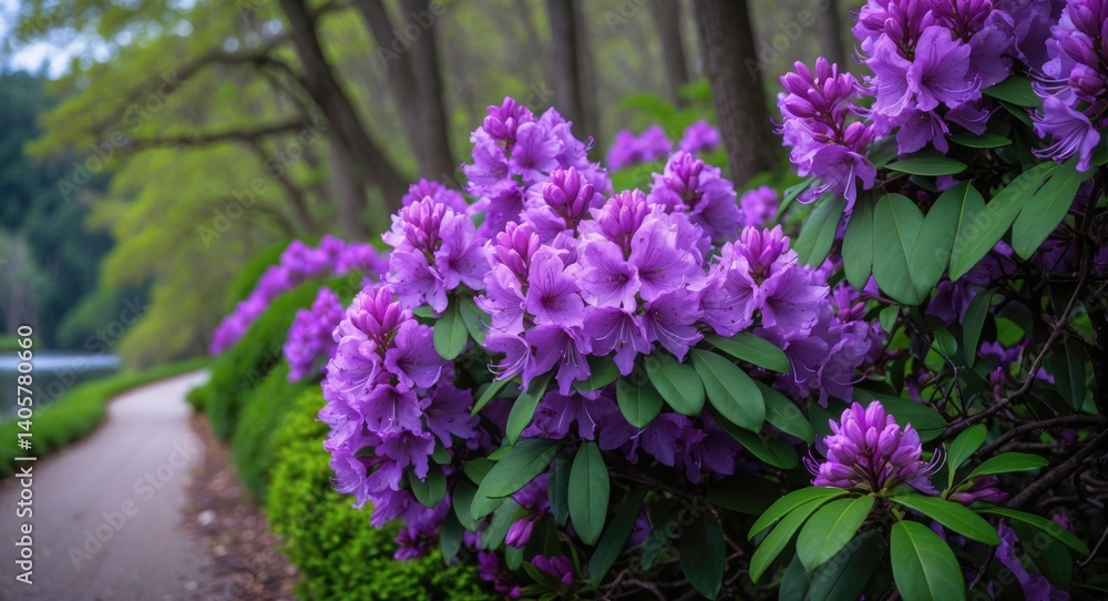 Azalea bushes with purple flowers flourishing on the lake's banks Azalea bushes with purple flowers flourishing on the lake's banks