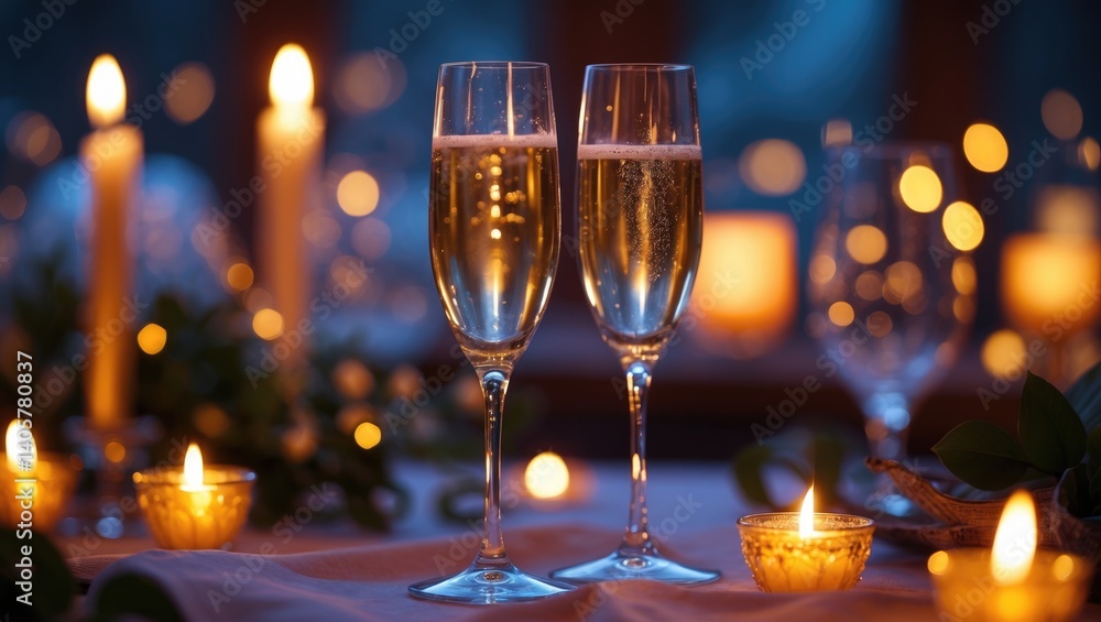 Candlelit romantic dinner table arrangement with glowing lights Candlelit romantic dinner table arrangement with glowing lights
