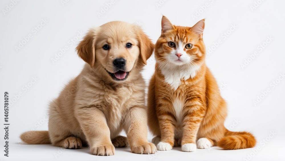 Retriever puppy and cat together. isolated on white background Retriever puppy and cat together. isolated on white background
