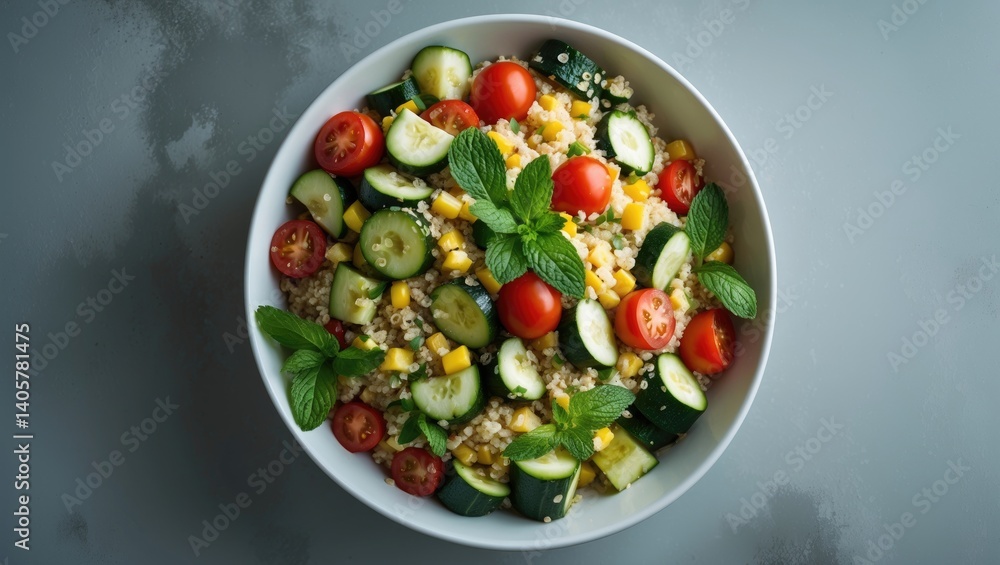 Vegetable and Herb Quinoa Salad in a Bowl with Fresh Tomatoes and Grilled Zucchini Vegetable and Herb Quinoa Salad in a Bowl with Fresh Tomatoes and Grilled Zucchini