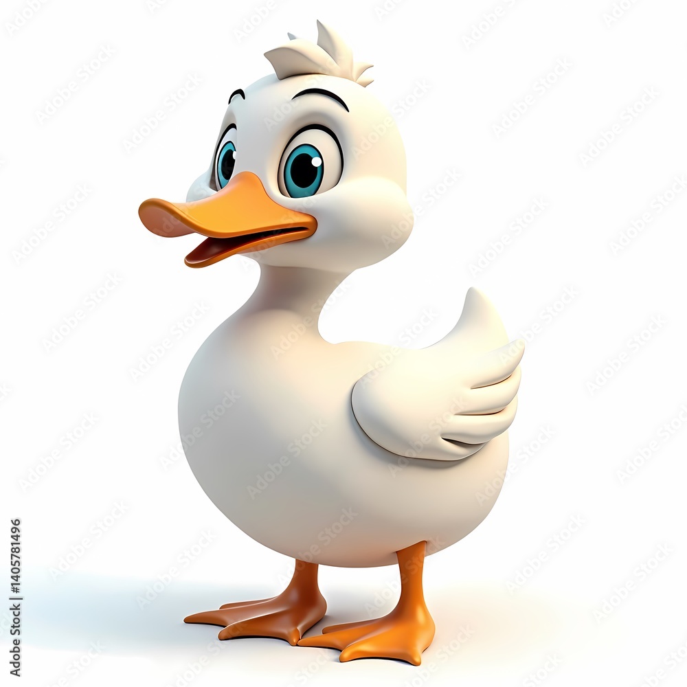 A cartoon duck standing on a white surface with an orange beak and blue eyes looking cute A cartoon duck standing on a white surface with an orange beak and blue eyes looking cute