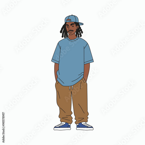 Chill cartoon guy with dreadlocks, hands in pockets, wearing cap, t-shirt, and joggers.