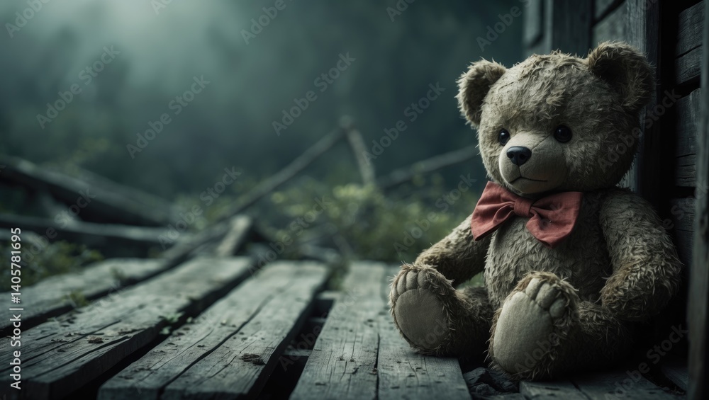 Abandoned teddy bear resting on wooden bridge at playground on a dreary day