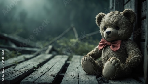 Obraz na płótnie Abandoned teddy bear resting on wooden bridge at playground on a dreary day w salonie