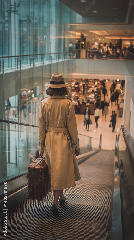 Woman With Suitcase Descends Escalator in Bustling Shopping Mall