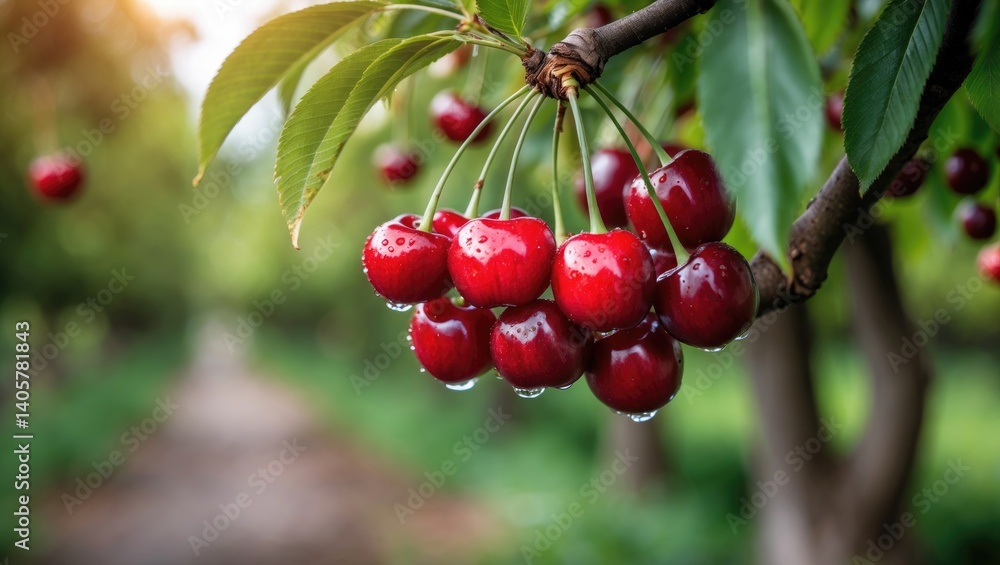 Juicy cherries dangling from a tree branch with a green backdrop. Juicy cherries dangling from a tree branch with a green backdrop.