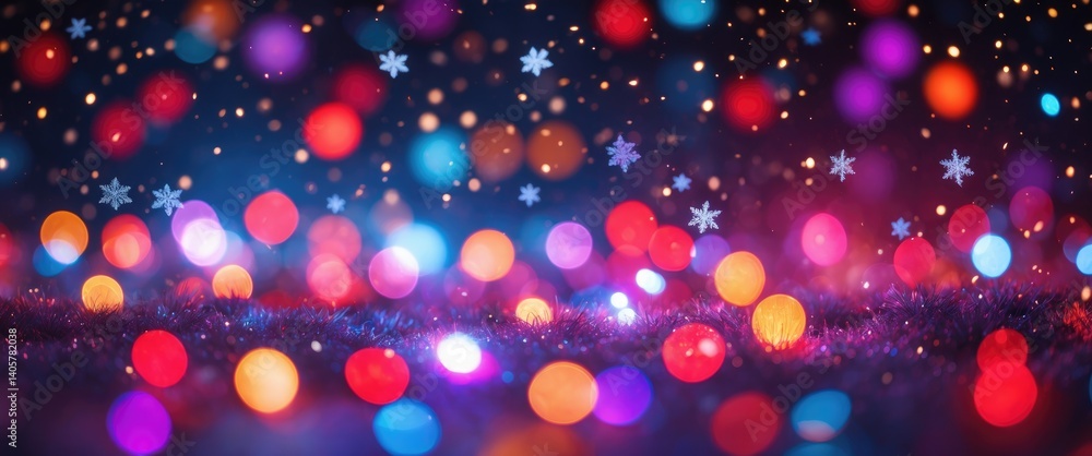 Shimmering bokeh lights in red, scarlet, orange, pink, purple, and rainbow hues fill the image with flakes. Shimmering bokeh lights in red, scarlet, orange, pink, purple, and rainbow hues fill the image with flakes.