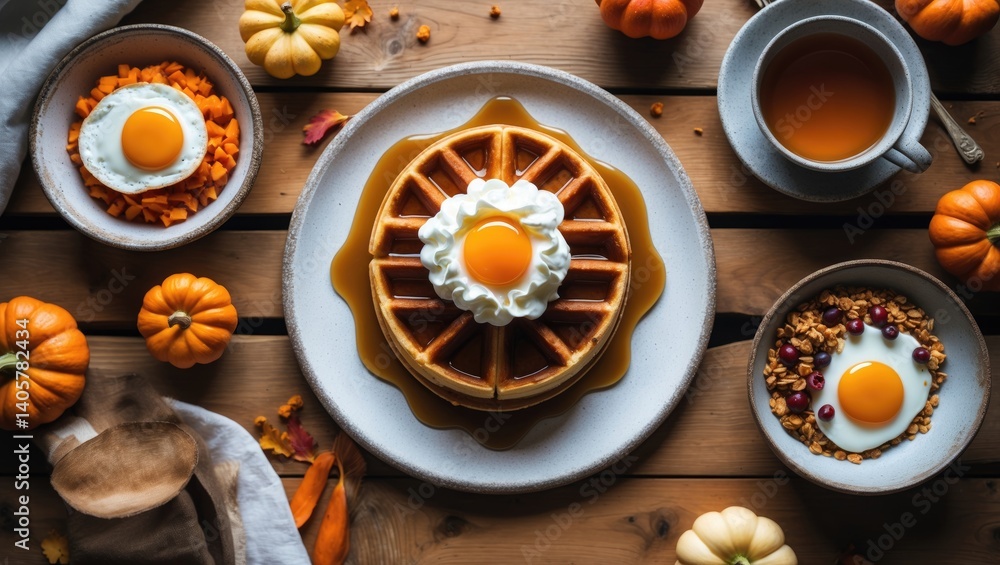 Autumn breakfast or brunch buffet setup with a backdrop. Pumpkin spice, waffles, pancakes, oatmeal, egg skillet, yogurt. Overhead perspective. Autumn breakfast or brunch buffet setup with a backdrop. Pumpkin spice, waffles, pancakes, oatmeal, egg skillet, yogurt. Overhead perspective.