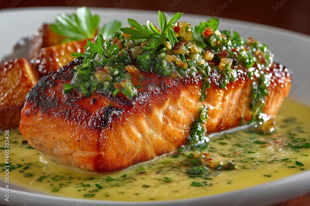 Grilled Salmon With Herb Sauce and Golden Potatoes on a White Plate at a Dining Table