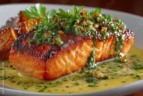Obraz na płótnie Grilled Salmon With Herb Sauce and Golden Potatoes on a White Plate at a Dining Table w salonie