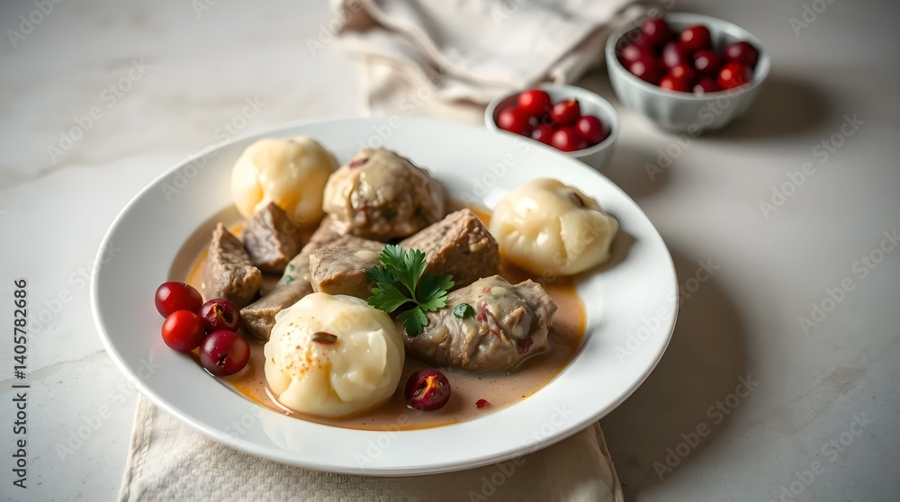 Czech Svickova with Cream Sauce, Dumplings, and Cranberry Garnish Czech Svickova with Cream Sauce, Dumplings, and Cranberry Garnish