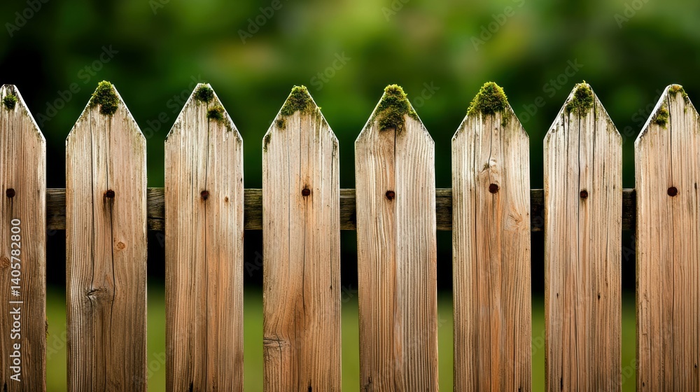 Fototapeta premium Moss-growing faded wooden fence in lush garden nature photography serene outdoor environment close-up view