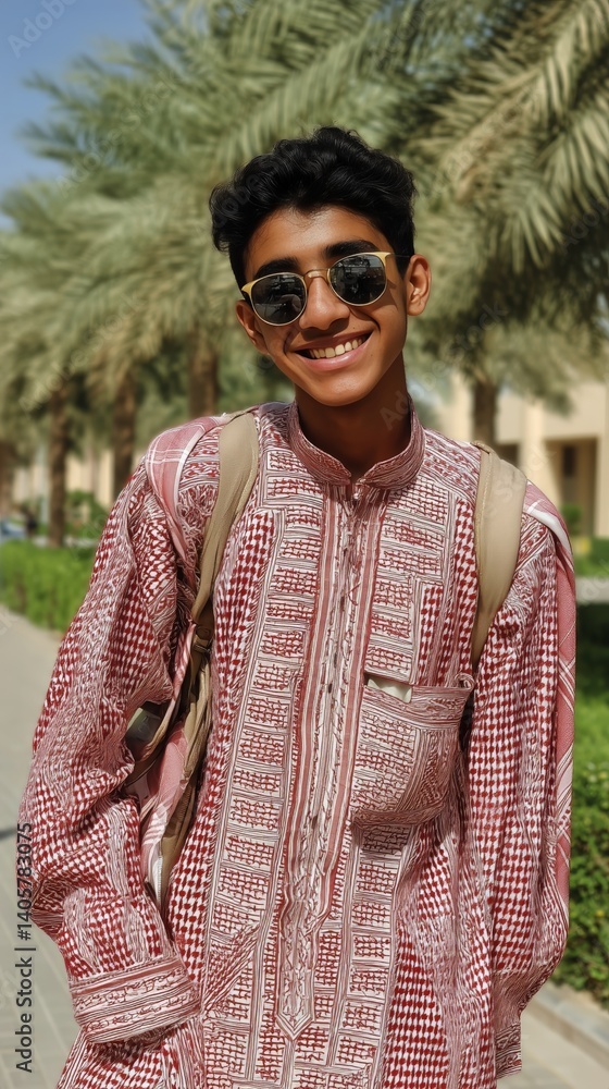 Young Boy Enjoying Sunny Day in Traditional Attire With Palm Trees in Background