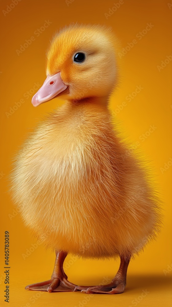 Cute Duckling Standing on a Bright Orange Background With Fluffy Feathers and Curious Expression