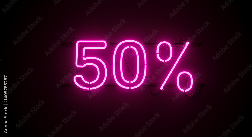 Fifty Percent Neon Sign Glowing Pink Against Dark Background Promotion Fifty Percent Neon Sign Glowing Pink Against Dark Background Promotion