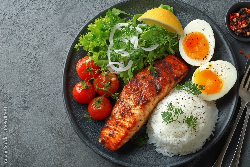 Delicious Salmon Plate With Rice, Salad, and Boiled Eggs Served on a Gray Dish