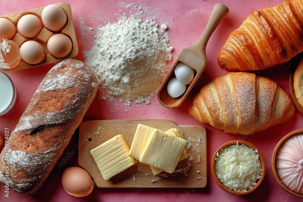Bakery Ingredients and Fresh Bread on a Pink Kitchen Countertop