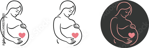  Vector Illustration of Pregnant Woman Holding Belly with Heart Symbol – Motherhood, Maternity, and Prenatal Care Concept in Line and Filled Icon Styles