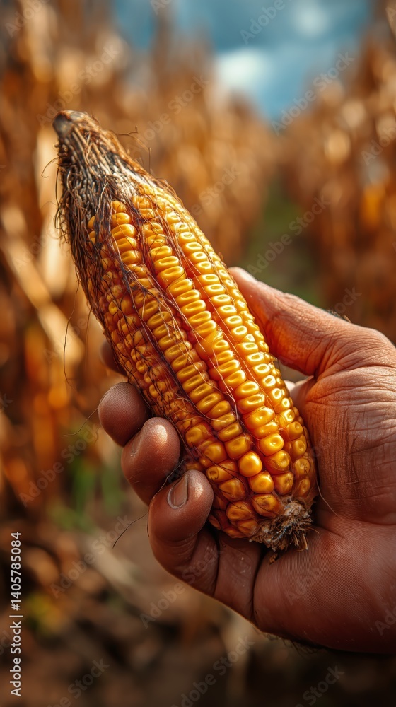 Hand Holding Ripe Corn Ear in a Harvest Field During Golden Hour