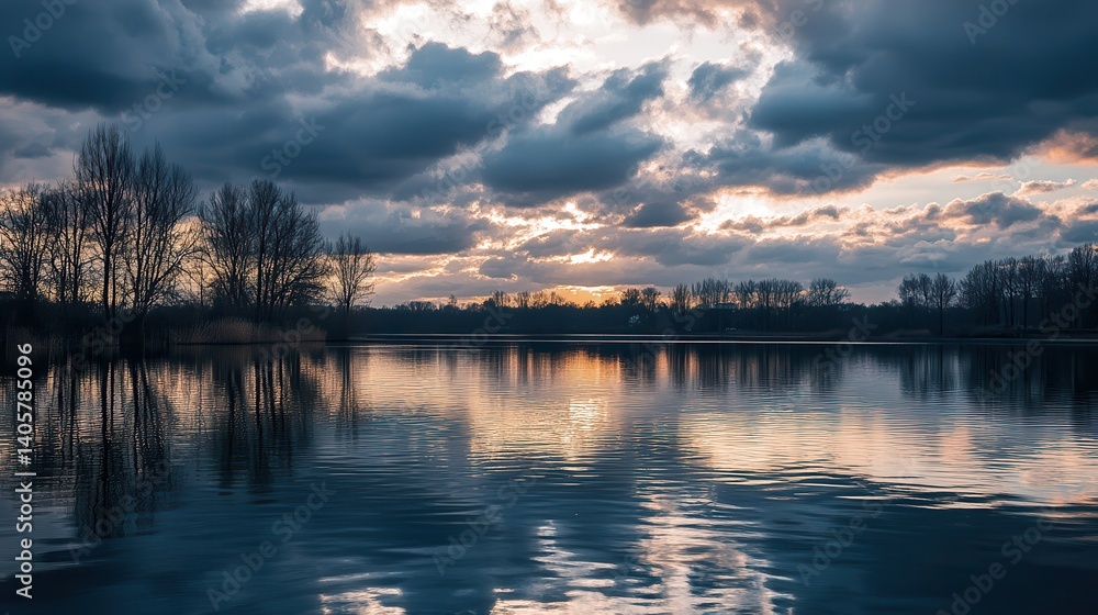 Fototapeta premium Sunset lake reflection, trees, cloudy sky, peaceful scene