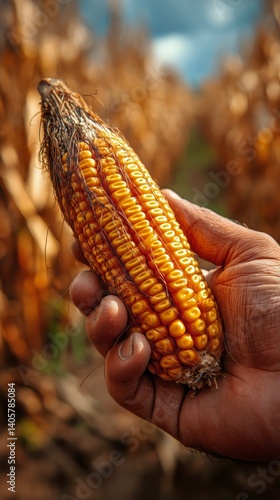 Obraz na płótnie Hand Holding Ripe Corn Ear in a Harvest Field During Golden Hour w salonie