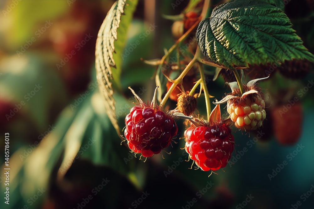 Fresh Raspberries Ripening on the Vine in a Sunny Garden During Summer Season
