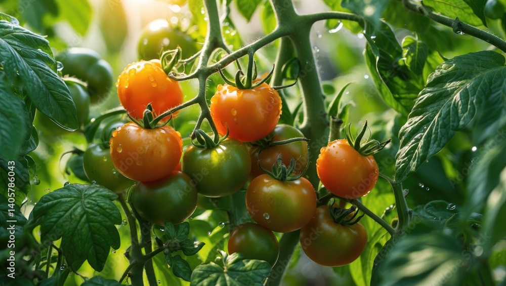 Sun-kissed ripe tomato plant growing in the garden Sun-kissed ripe tomato plant growing in the garden