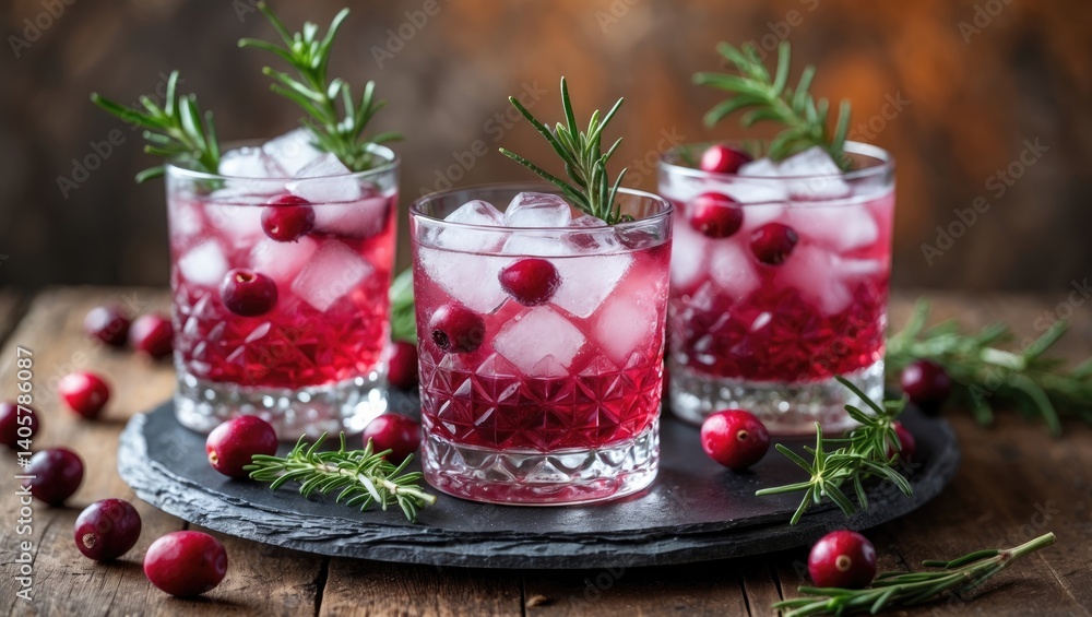 A drink infused with cranberries and rosemary set on a wooden surface, selectively focused with available copy space A drink infused with cranberries and rosemary set on a wooden surface, selectively focused with available copy space