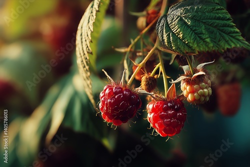 Obraz na płótnie Fresh Raspberries Ripening on the Vine in a Sunny Garden During Summer Season w salonie