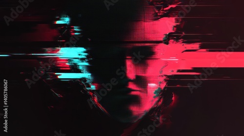 Distorted face, glitch art, vibrant colors, digital portrait