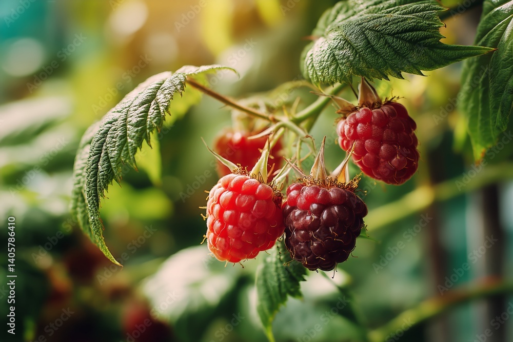 Ripe and Unripe Raspberries Growing on a Green Vine in a Garden During a Sunny Afternoon